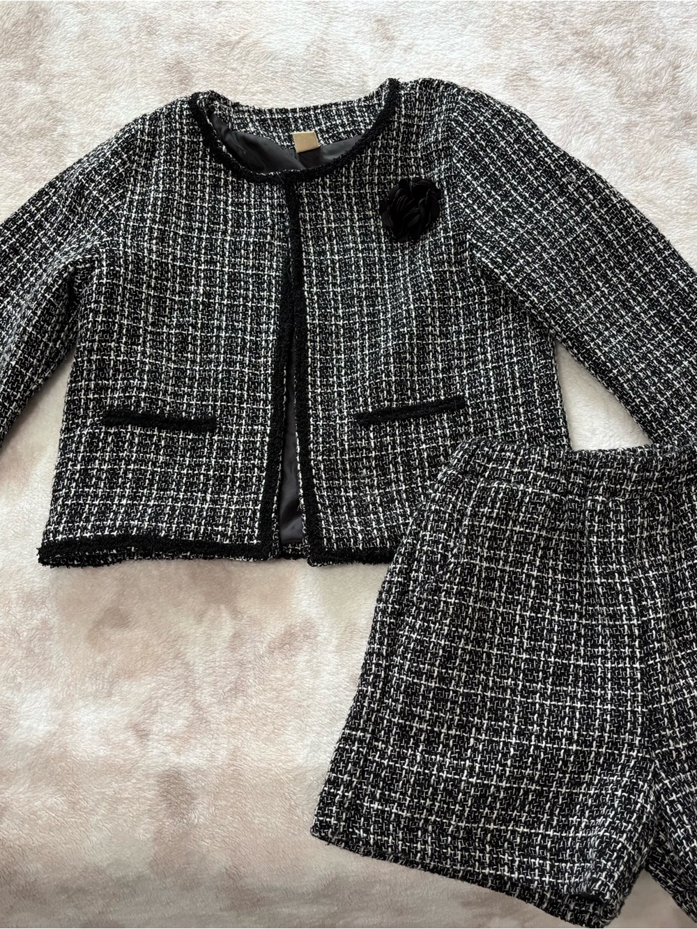 Girls Black & White Tweed Jacket and Shorts Set - Classic Two-Piece Pajama Set